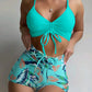 2 Piece Drawstring Front Shorts Bikinis High Waist Swimsuit Women Swimwear Bathers Bathing Swimming Swim Suit Beachwear