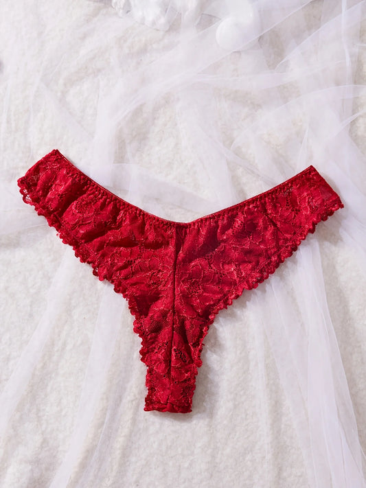 Red lace lingerie set with V-neck sheer camisole nightdress and matching panties for women