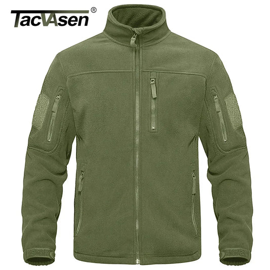 Full Zip Up Tactical Green Fleece Jacket Thermal Warm Work Coats Men's Pockets Safari Jacket Hiking Outwear Windbreaker