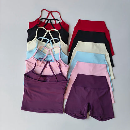 2 Piece Yoga Gym Set Halter Top Set Yoga High Waist Shorts Backless Tights Bra Vest Seamless Stretch Ribbed Shorts Set