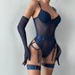 Tight Fitting Lace Bodysuit With Gloves Garter Night Club Outfit Mesh Top Lingerie Set