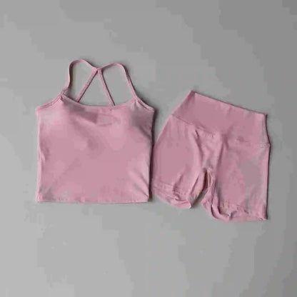 2 Piece Yoga Gym Set Halter Top Set Yoga High Waist Shorts Backless Tights Bra Vest Seamless Stretch Ribbed Shorts Set