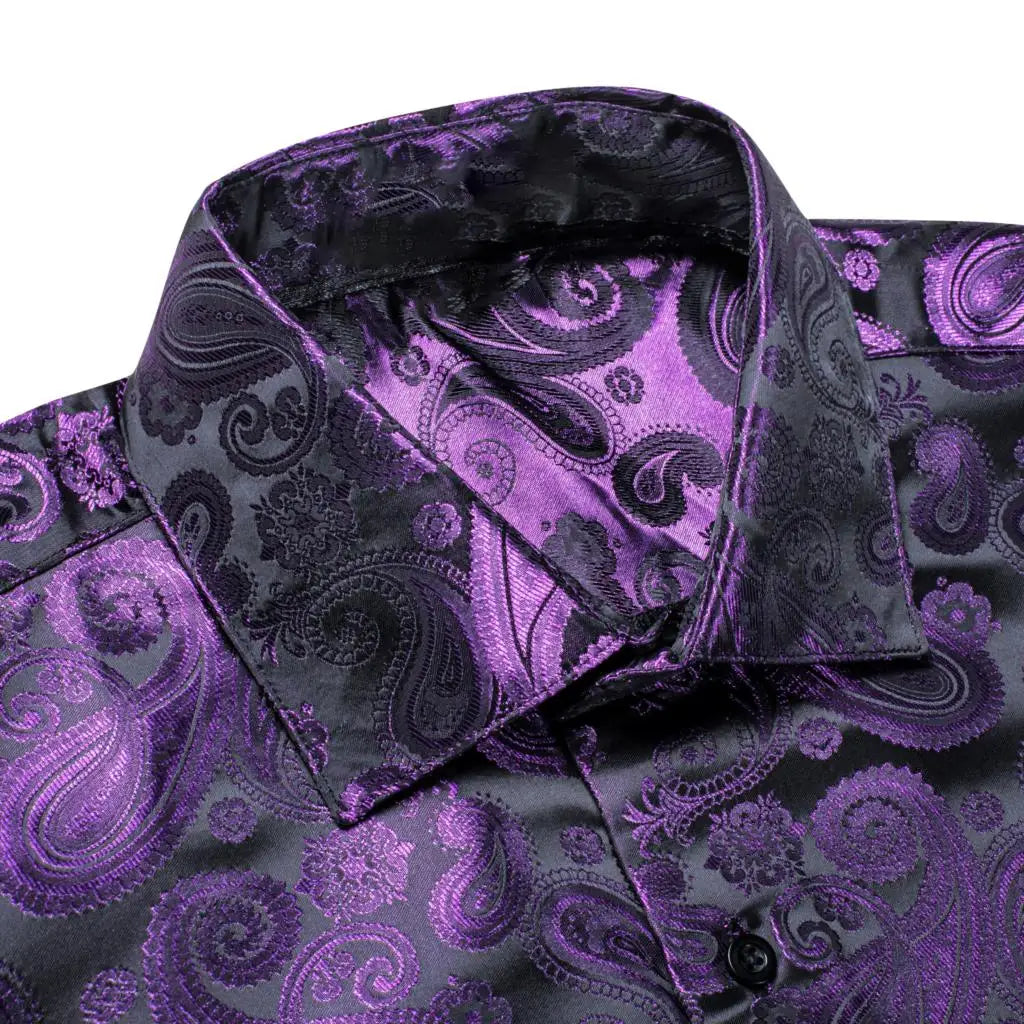 Lilac Mauve Lavender Purple Silk Mens Shirts Luxury Lapel Long Sleeve Dress Shirt