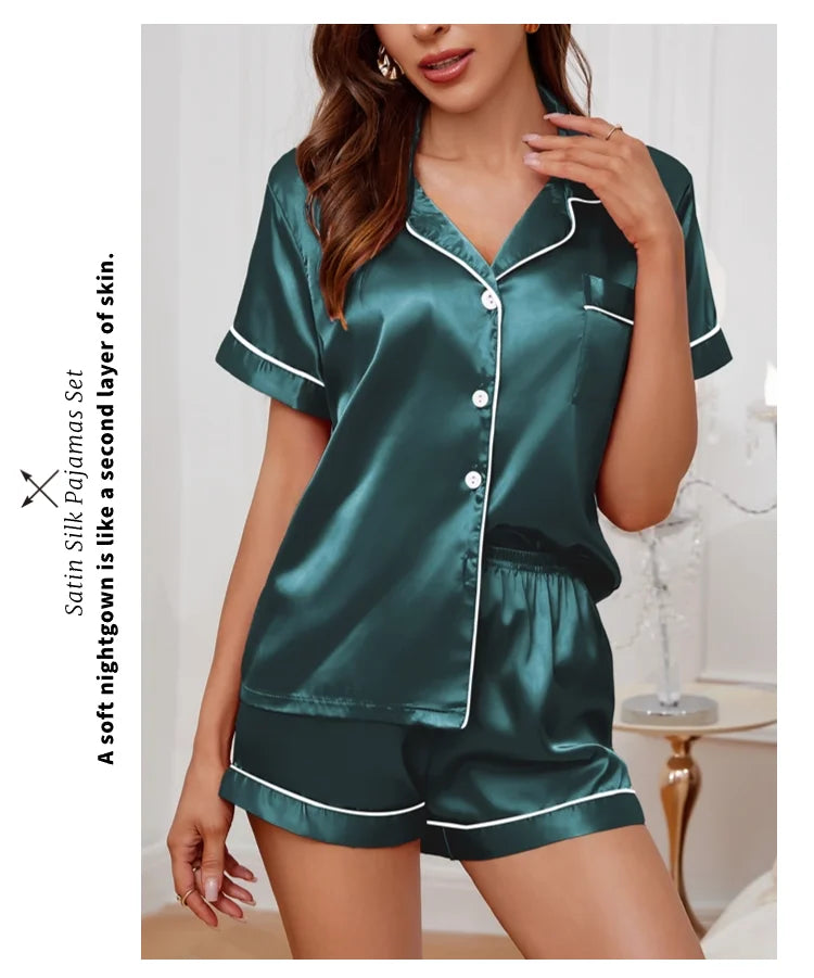 Summer Silk Satin Women Pyjamas Set Button Down Top & Shorts 2 Piece Sleepwear Notched Collar Nightwear Loungewear The Clothing Company Sydney