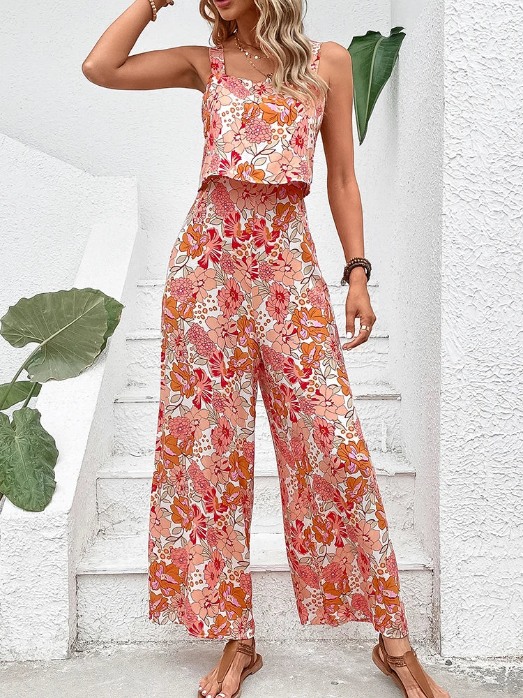 Elegant Long Women's Backless Wide Leg Jumpsuits Casual Sleeveless Floral Rompers Summer Matching Outfit Set