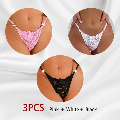 3 Piece Set Women's Lace Panties Perspective Underwear Low Waist Thin Strap Rhinestone Thong G-string Breathable Soft Lingerie The Clothing Company Sydney