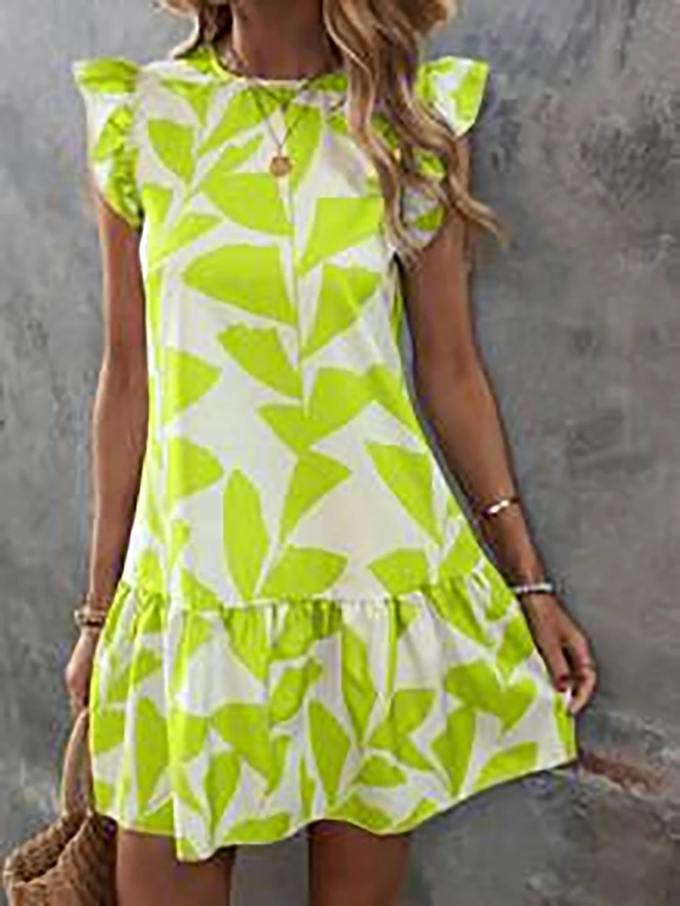 Lotus Leaf Print Ruffle Sleeve Short Dress