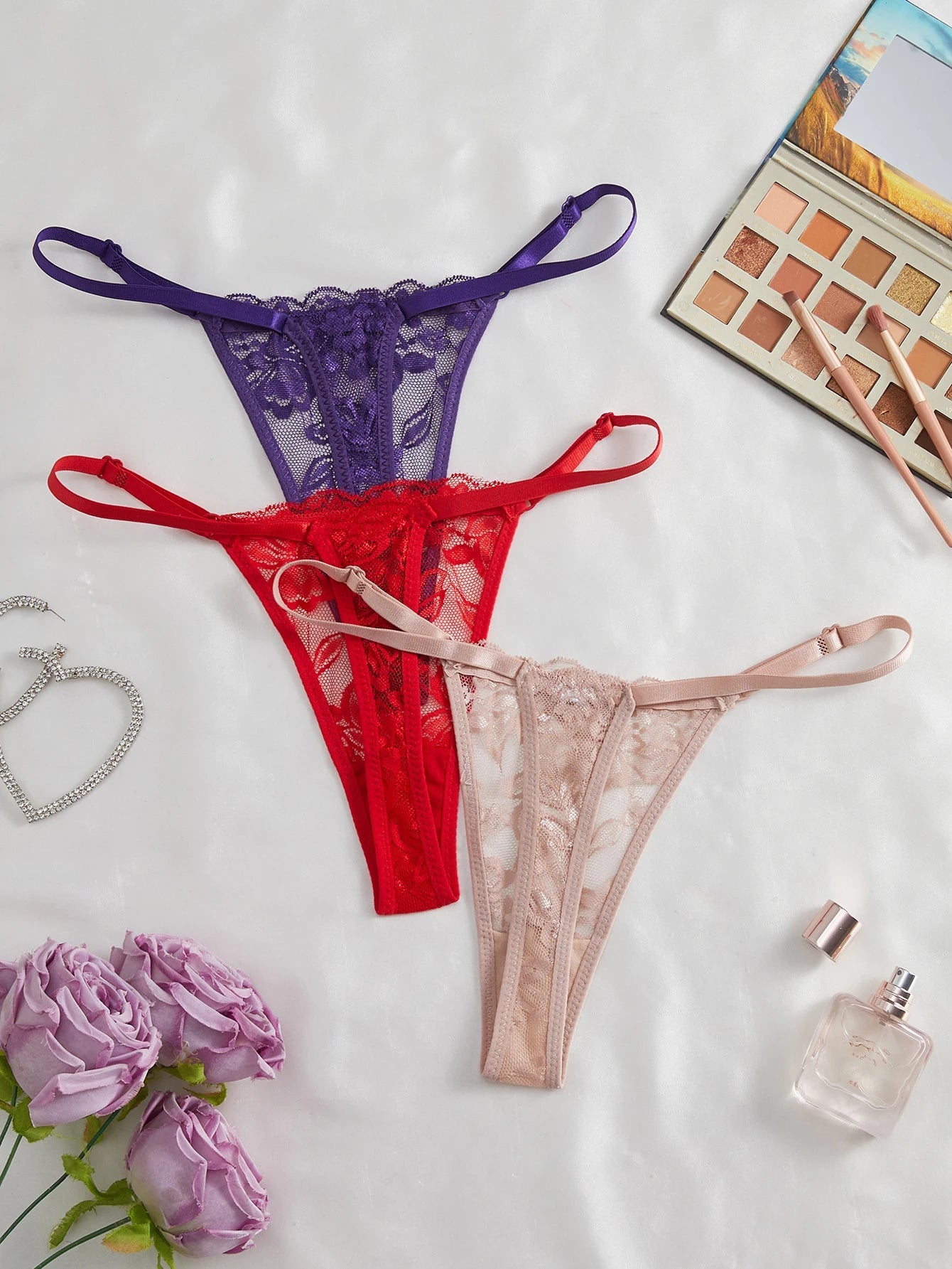 3 Pack Women's Lace Panties Underwear Adjustable Strap Floral Lace Sheer Mesh Thong G String The Clothing Company Sydney