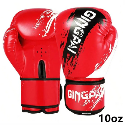 Adult and kid boxing Muay Thai gloves with adjustable hook-and-loop straps in black, red, and blue