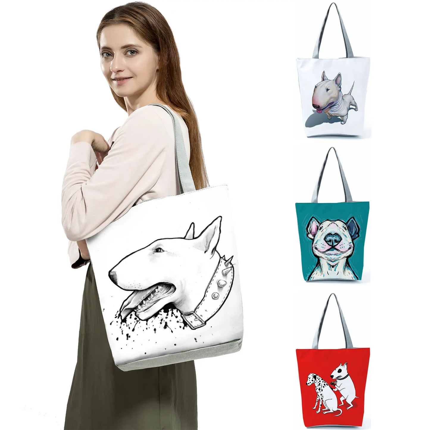 Bull Terrier Dog Print Shopping Bags Tote Casual Handbags Animal Print School Traveling Shoulder Bag