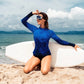 Women's Long Sleeve Rash Guard Top Crew Neck Gradient Color Block Swim Shirt Top UV Protection Swimwear