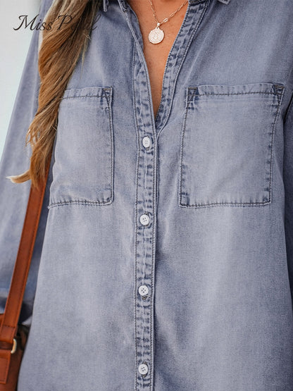 Frayed Denim Shirt For Women Casual Long Sleeve Pockets Button Up Long Shirt Top Spring Autumn Shirt Dress The Clothing Company Sydney