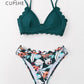 Green Floral Scalloped Bikini Set Solid Low-waist Two Pieces Swimsuit Beach Bathing Suits Swimwear The Clothing Company Sydney