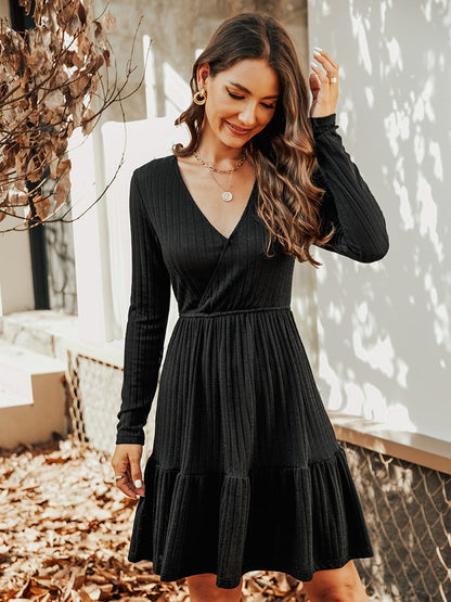 Ribbed A-Line Mini Dress For Woman Grey V-neck Long Sleeve Party Dress Spring Autumn Sundress The Clothing Company Sydney