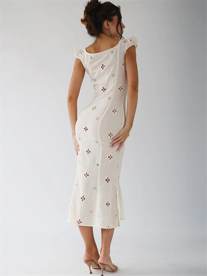 Square Neck Black White Mini Summer High Waist Short Sleeve Beachwear Bodycon Hollow Out Sundress Dress The Clothing Company Sydney