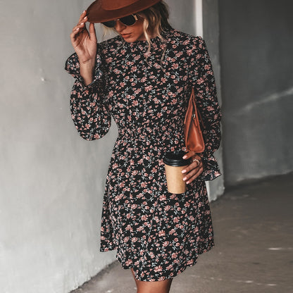 Round Neck A-Line Mini Dress Floral Print Long Sleeve Party Dress Spring Autumn Dress The Clothing Company Sydney