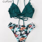 Green Floral Scalloped Bikini Set Solid Low-waist Two Pieces Swimsuit Beach Bathing Suits Swimwear The Clothing Company Sydney