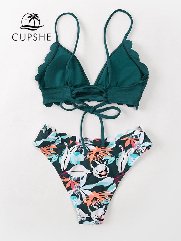 Green Floral Scalloped Bikini Set Solid Low-waist Two Pieces Swimsuit Beach Bathing Suits Swimwear The Clothing Company Sydney