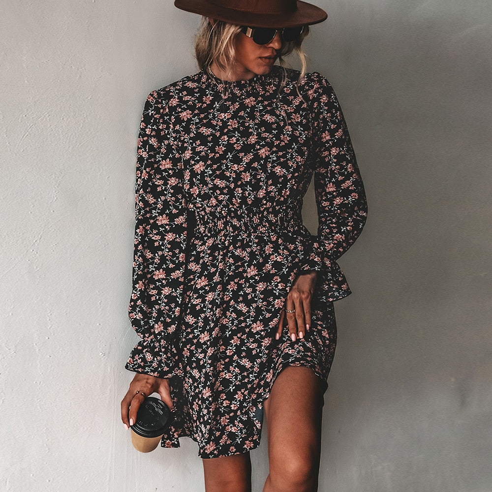 Round Neck A-Line Mini Dress Floral Print Long Sleeve Party Dress Spring Autumn Dress The Clothing Company Sydney