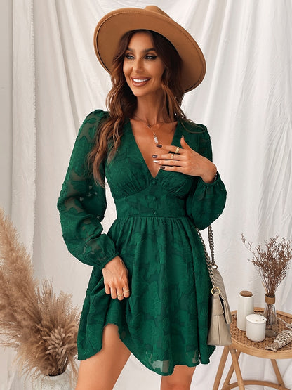 Plunge A-Line Mini Green Long Sleeve Party Spring Autumn Sundress Dress The Clothing Company Sydney