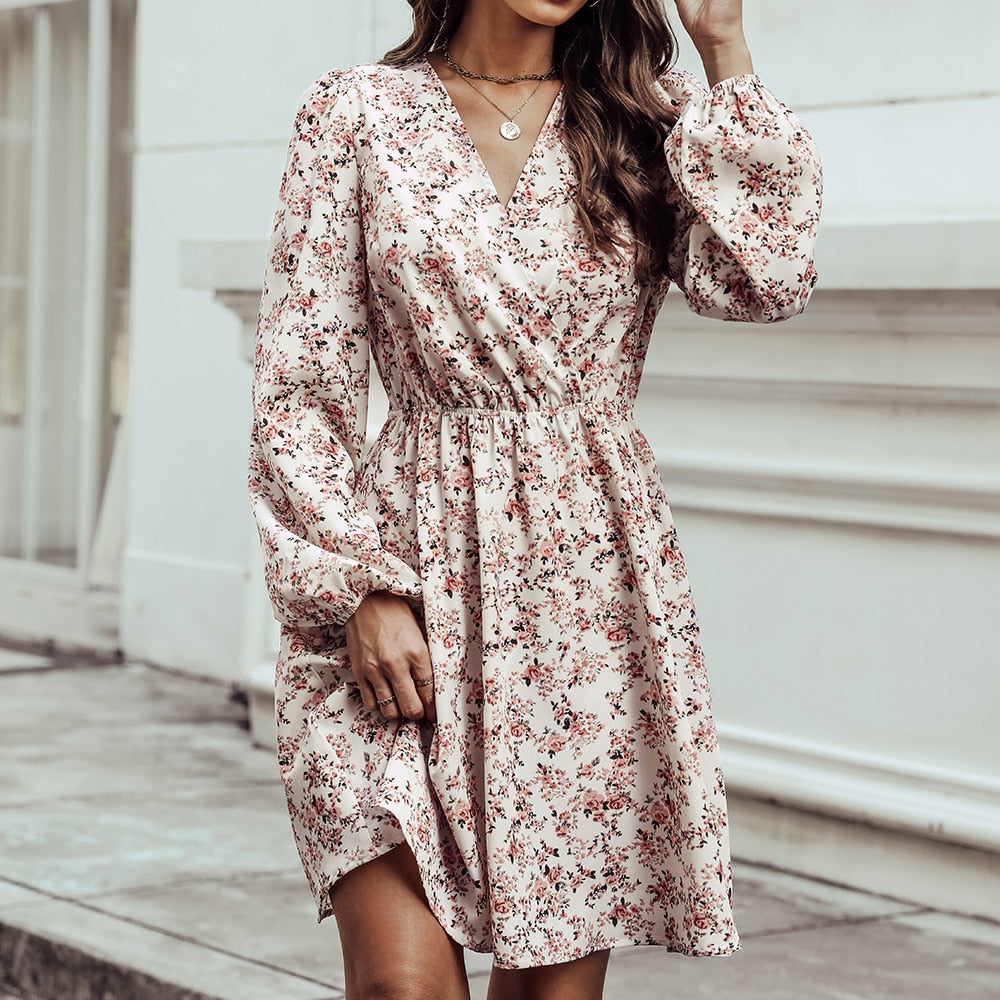 Plunge Neck A-Line Mini Dress Ditsy Floral Sexy Long Sleeve Party Dress Spring Autumn Sundress The Clothing Company Sydney