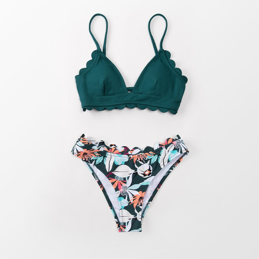 Green Floral Scalloped Bikini Set Solid Low-waist Two Pieces Swimsuit Beach Bathing Suits Swimwear The Clothing Company Sydney