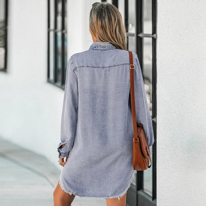 Frayed Denim Shirt For Women Casual Long Sleeve Pockets Button Up Long Shirt Top Spring Autumn Shirt Dress The Clothing Company Sydney