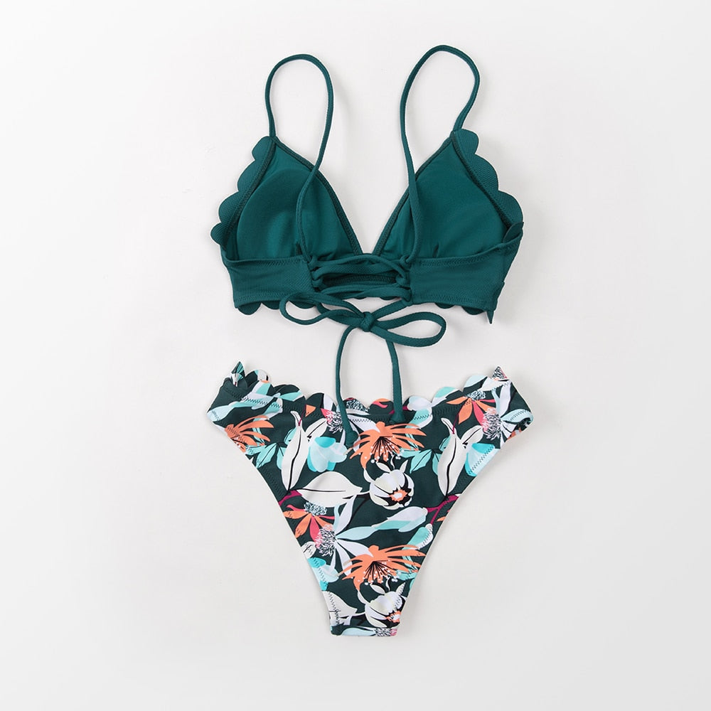 Green Floral Scalloped Bikini Set Solid Low-waist Two Pieces Swimsuit Beach Bathing Suits Swimwear The Clothing Company Sydney