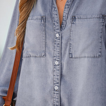 Frayed Denim Shirt For Women Casual Long Sleeve Pockets Button Up Long Shirt Top Spring Autumn Shirt Dress The Clothing Company Sydney
