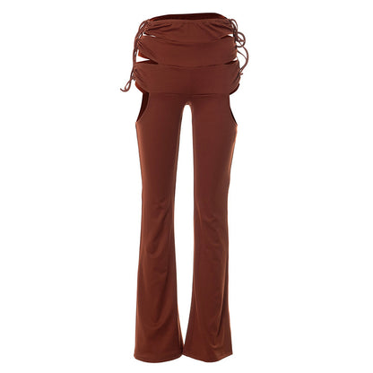 Side Hollow Out Lace Up High Waisted Flare White Brown Bottoms Trousers Fall Trendy Pants The Clothing Company Sydney