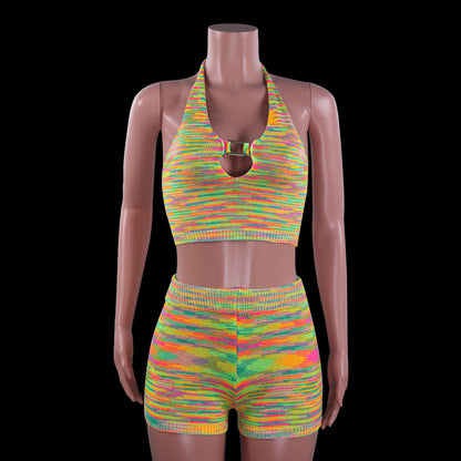 Rainbow Print Halter Cut Out Crop Top and Shorts 2 Piece Matching Set Club Fashion Outfits Loungewear Set The Clothing Company Sydney