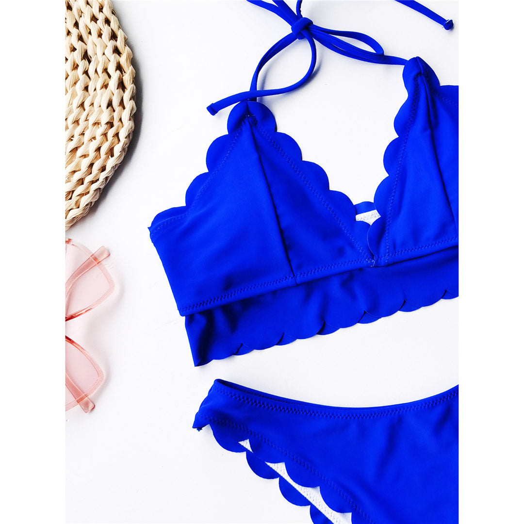 Scalloped Mid Waist Bikini Female Swimsuit Swimwear Two-pieces Bikini set Halter Bather Bathing Suit The Clothing Company Sydney