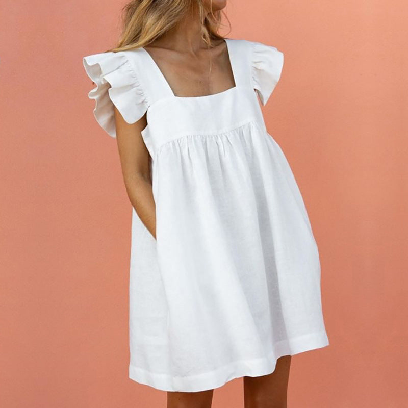 Ruffle Sleeve Summer Square Neck Solid Color Elegant Mini Dress The Clothing Company Sydney