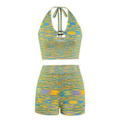 Rainbow Print Halter Cut Out Crop Top and Shorts 2 Piece Matching Set Club Fashion Outfits Loungewear Set The Clothing Company Sydney