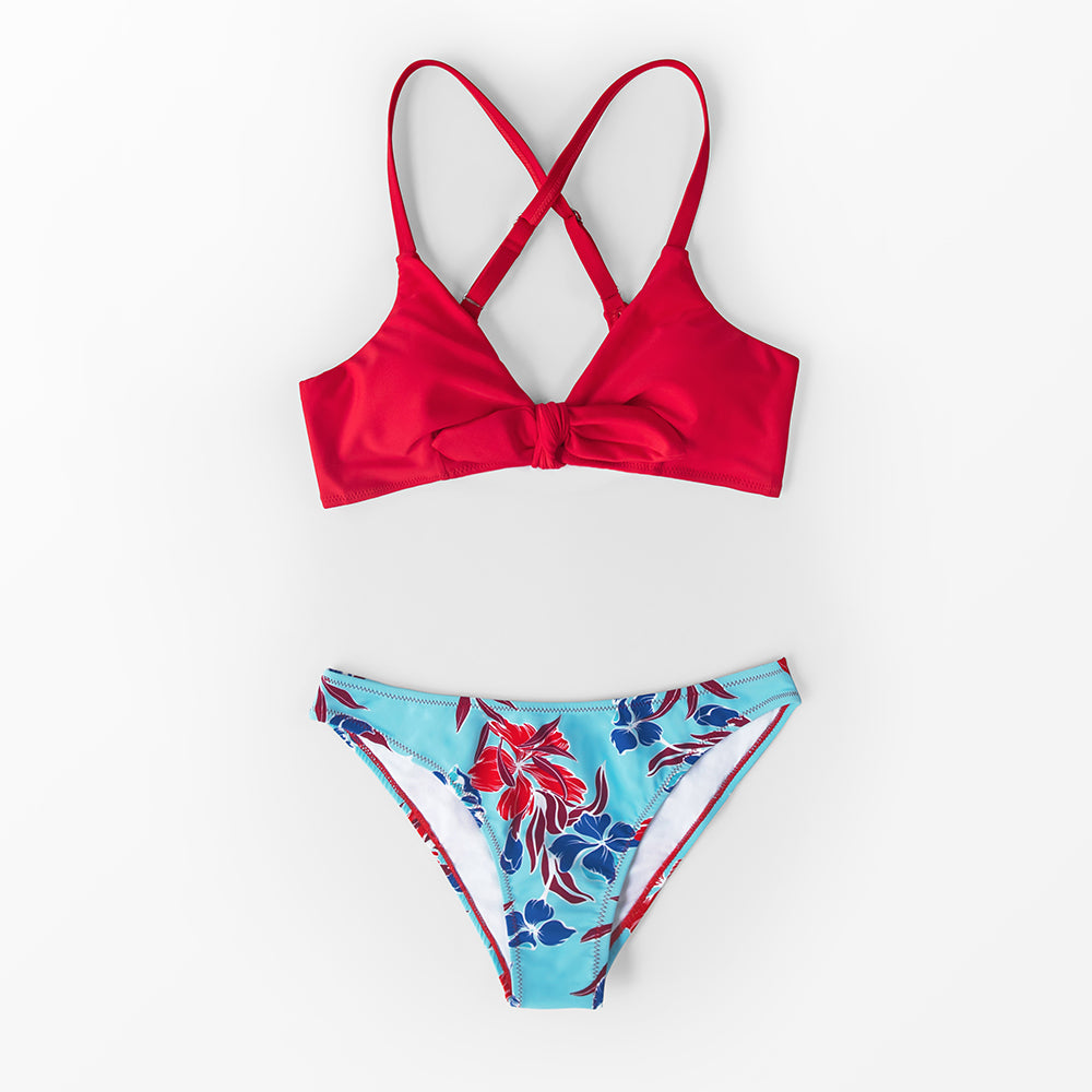 Red and Floral Print Low-Waisted Bikini Sets Swimsuit Bow-knot Two Piece Swimwear Beach Bathing Suits The Clothing Company Sydney