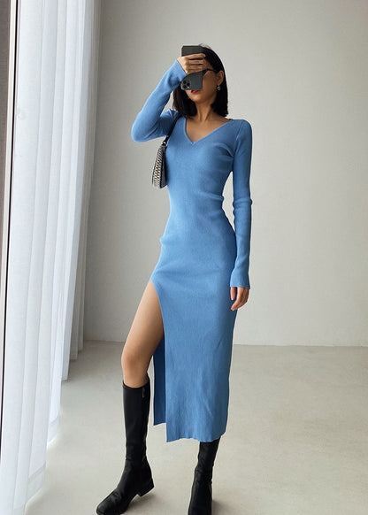 Long Sleeve slit sweater dress slim tight fitting hip knit over the knee dresses The Clothing Company Sydney
