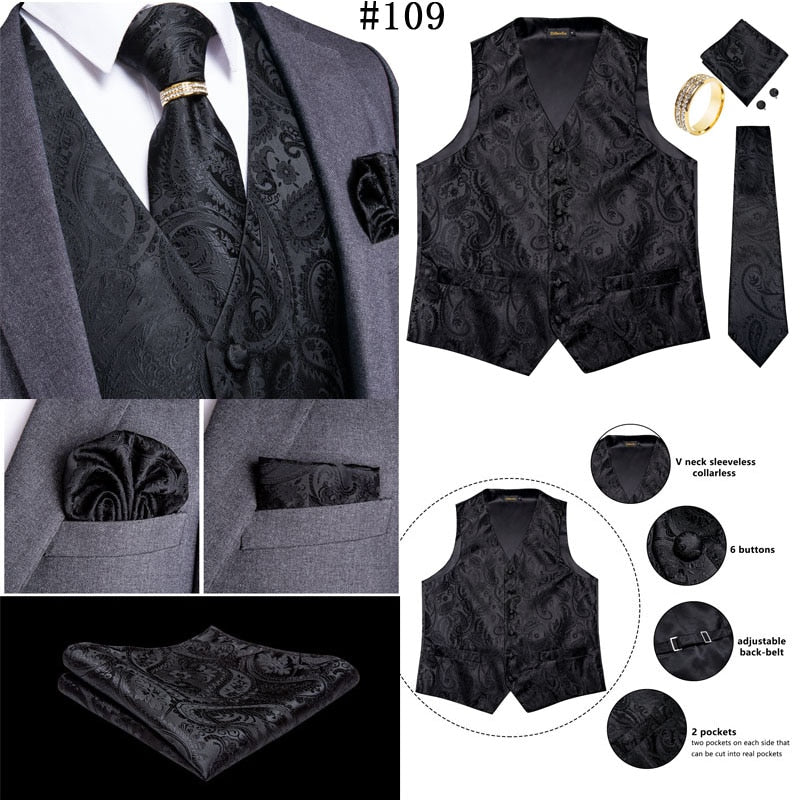 5 Piece Classic Black Wedding Vest for Men Silk Suit Vest Tie Ring Cufflinks Hanky Set for Party Formal Dress Business Casual Waistcoat The Clothing Company Sydney