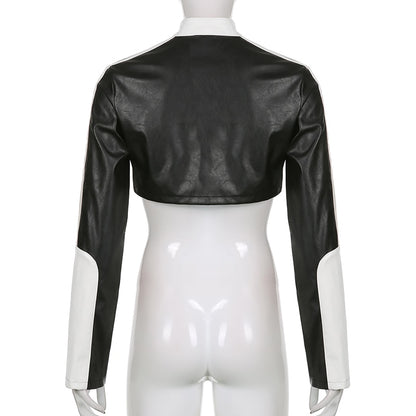 Streetwear Punk Style Patchwork Cropped PU Leather Jacket Women Zipper Autumn Winter Jacket Contrast Color Basic Coat The Clothing Company Sydney