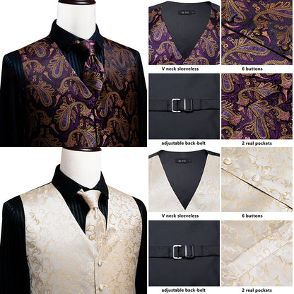 4Piece Mens Vest for Suit Luxury Paisley Floral Plaid Suit Silk Vest and Tie Set Blue Gold Red Sliver Wedding Vest The Clothing Company Sydney