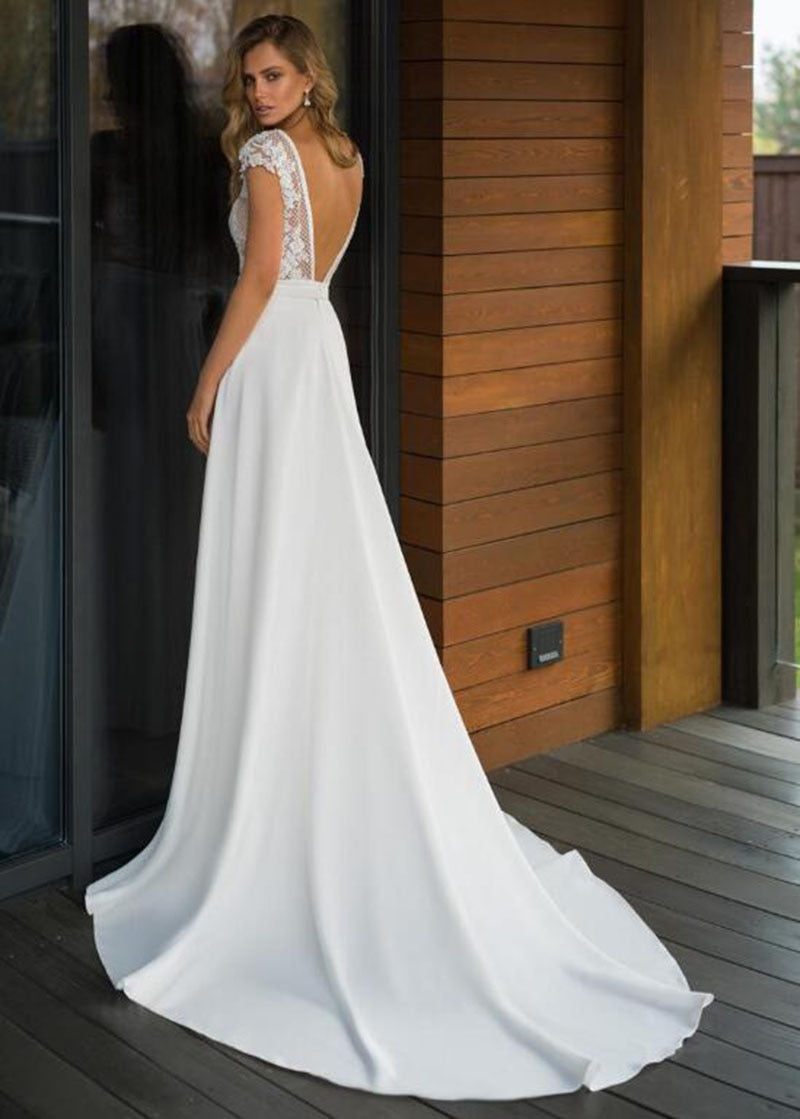 Elegant Satin V-neck A-line Wedding Dresses Boho Bridal Gowns Backless Vestido de noiva Plus size Wedding Dress The Clothing Company Sydney