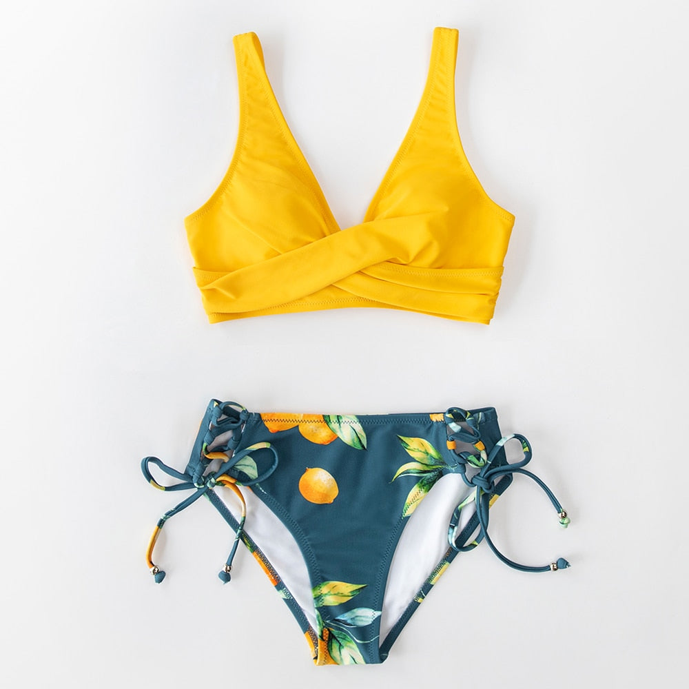 Yellow And Lemon Print Mid-Waist Bikini Sets Swimsuit Lace Up Two Pieces Swimwear Beach Bathing Suits The Clothing Company Sydney