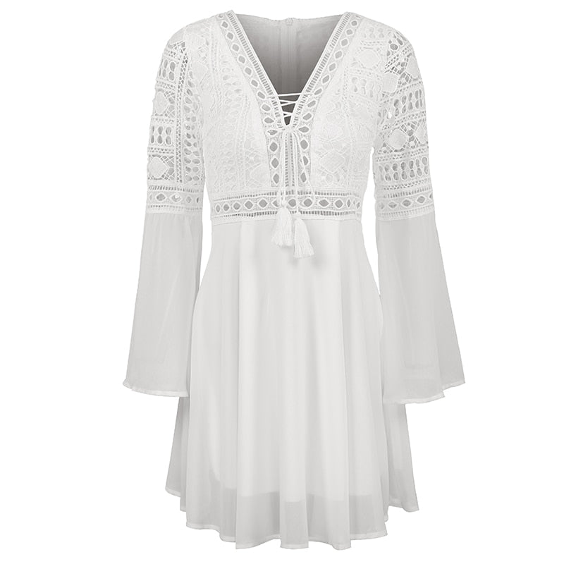 V-Neck Hollow Out Long Sleeve Mini Lace Dress Elegant White Boho Dress Casual Lace Vestido Robe Dress The Clothing Company Sydney