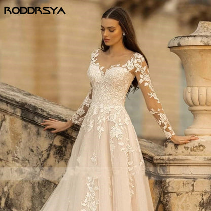 Elegant O-Neck Wedding Lace  A-Line Boho Long Sleeves Wedding Bride Gowns Dress The Clothing Company Sydney