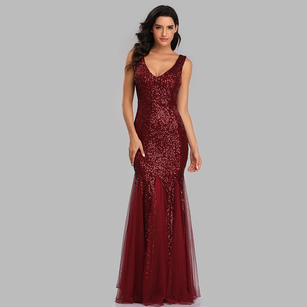 Plus Size V Neck Mermaid Burgundy Long Formal Prom Party Gown Sequins Sleeveless Evening Cocktail Dress The Clothing Company Sydney