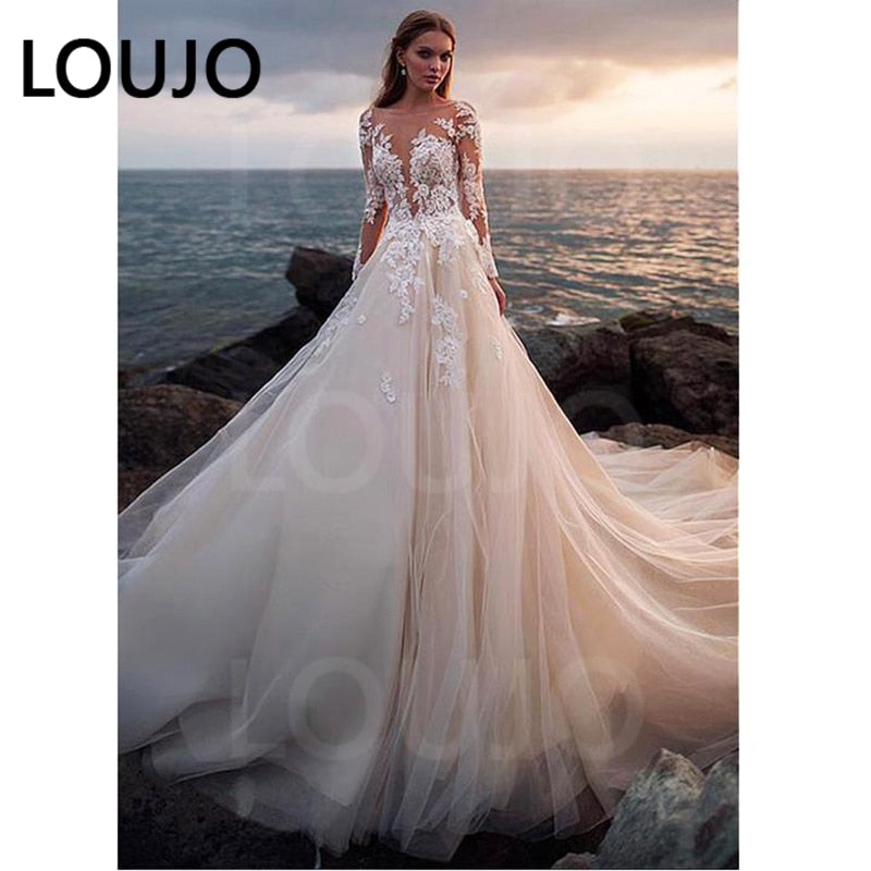Illusion Long Sleeves A-line Lace Appliqued Ball Gown Wedding