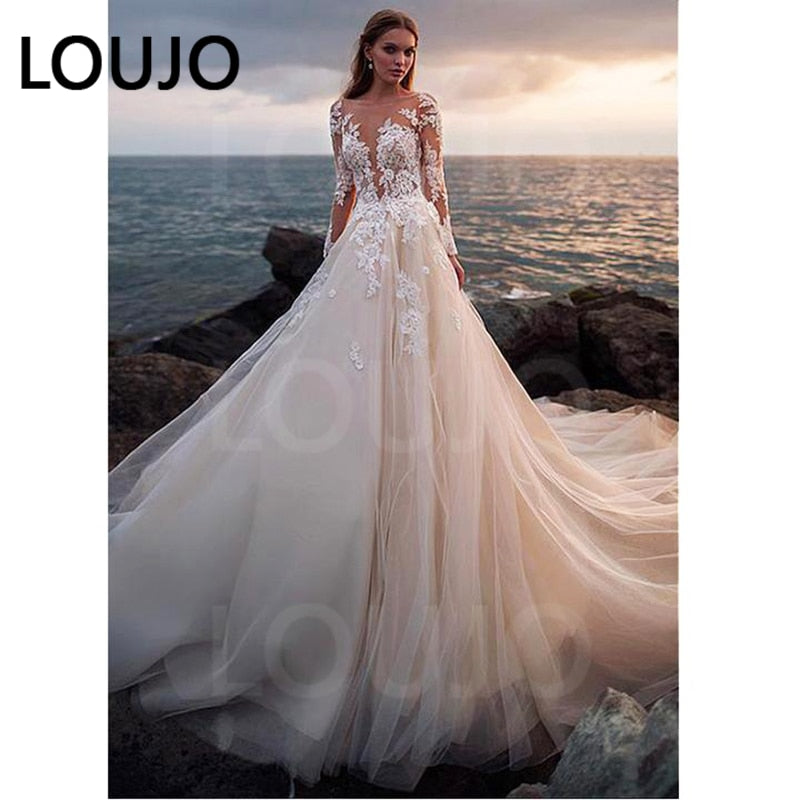 Lace Illusion Boho Bridal Gowns for Women with Train Beach Wedding