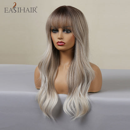 Ombre Gray Ash Wavy Wigs with Bang Light Blonde Platinum Synthetic Long Hair for Women Daily Party Heat Resistant Fiber Wigs The Clothing Company Sydney