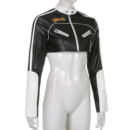 Streetwear Punk Style Patchwork Cropped PU Leather Jacket Women Zipper Autumn Winter Jacket Contrast Color Basic Coat The Clothing Company Sydney