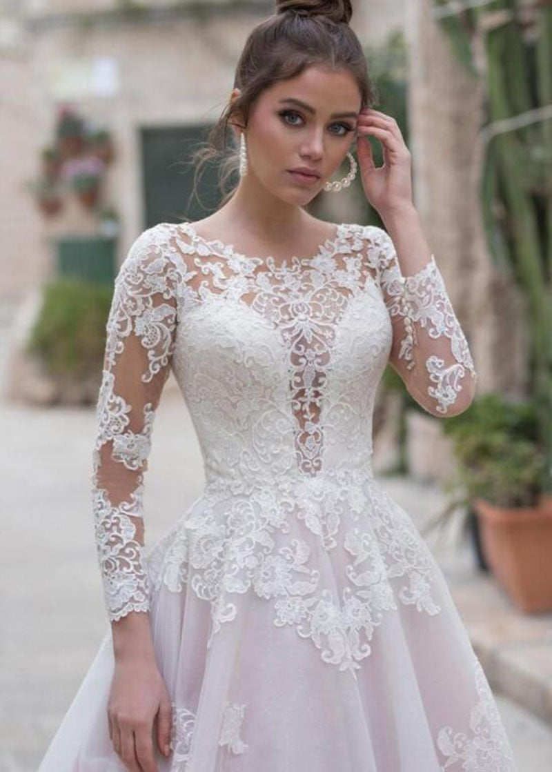 Boho A-line Wedding Dresses Pink Long Sleeves Lace Appliques Tull Bridal Dress Wedding Gown The Clothing Company Sydney