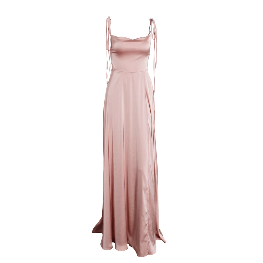 Elegant Pink Backless Slit Leg Wedding Bridesmaid Dress Lace Up Satin Slip Square Neck Long Gown The Clothing Company Sydney